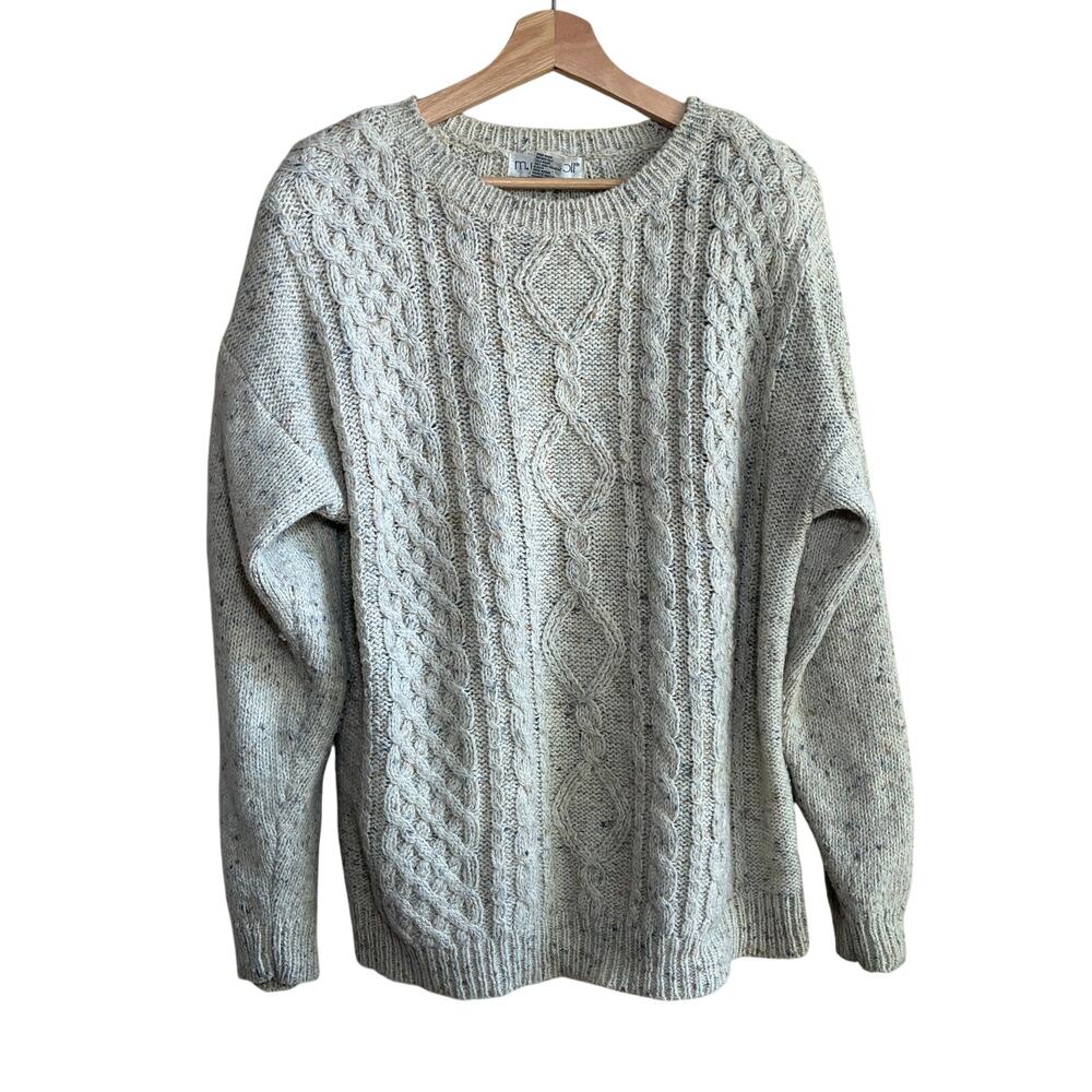 M.J.Carroll wool blend grandpa fishing cableknit beige crewneck sweater womens M